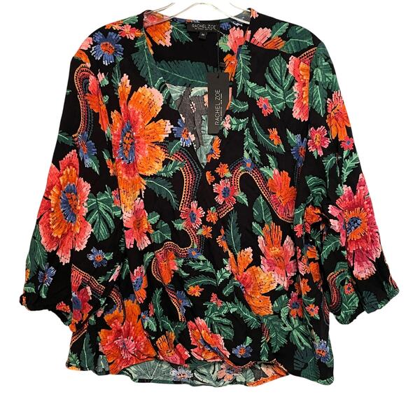 Rachel Zoe NEW Colorful Floral Top Womens Size 2X Bold Blooms Faux Wrap Blouse - Picture 1 of 8